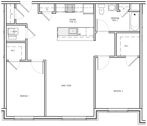 Floor plan for 2 beds, 1 bath, 924 sqft